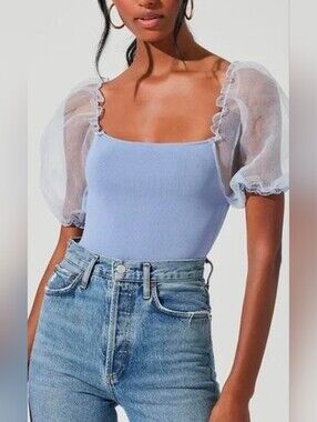 #111 Zara Blue Knit Top with Organza Puff Sleeves Med